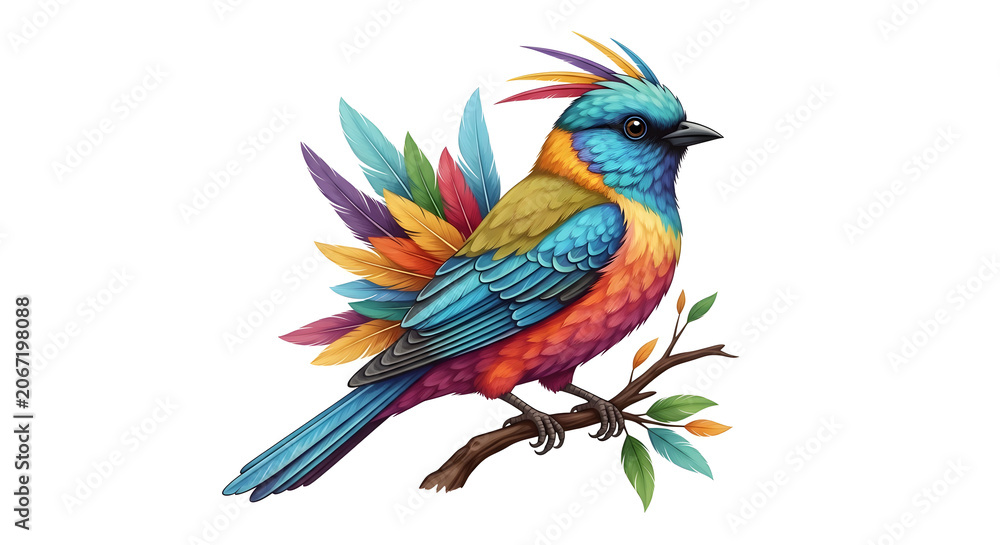 Fototapeta premium Vibrant colorful fantasy bird illustration perched on a wooden branch with bright multi-colored feathers isolated on a white background