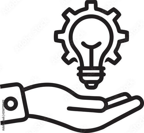 Hand Holding Gear with Light Bulb Line Icon - Mechanical Engineering Vector