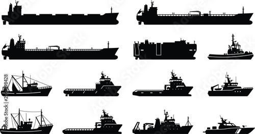 Quadro su tela Collection of Various Professional Cargo Ships, Fishing Vessels, and Maritime Tr