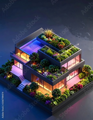 A modern house with a rooftop garden and swimming pool