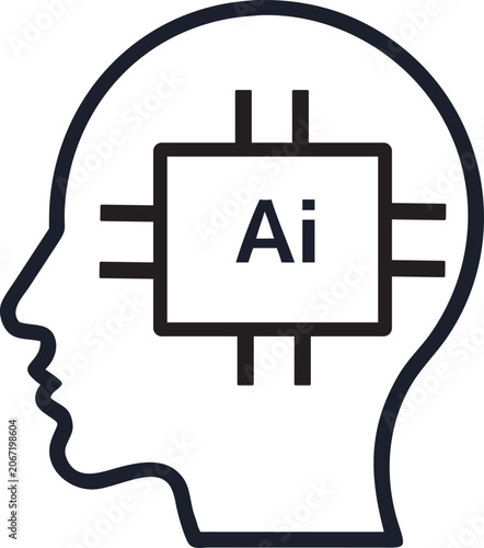 Artificial Intelligence AI Human Head Line Icon - Cognitive Brain Tech Vector