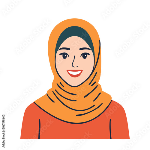 Smiling woman wearing orange hijab and top, flat illustration