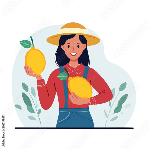 Woman farmer holding lemons in flat design illustration