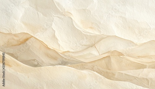 Abstract beige background with crumpled texture and wavy patterns, resembling sand dunes or gentle waves. The soft, muted tones create a calming and organic feel.