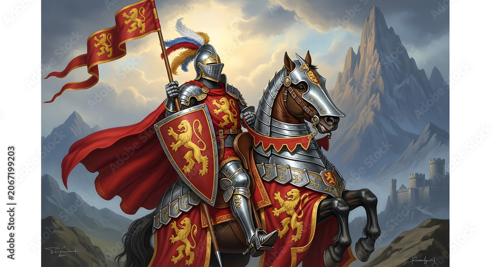 Naklejka premium Medieval Knight in Full Armor Riding Horse with Lion Crest Banners Against Majestic Mountain Landscape and Castle