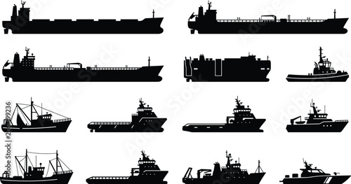 Quadro su tela Set of Detailed Maritime Ship Silhouettes Including Cargo Vessels Fishing Boats