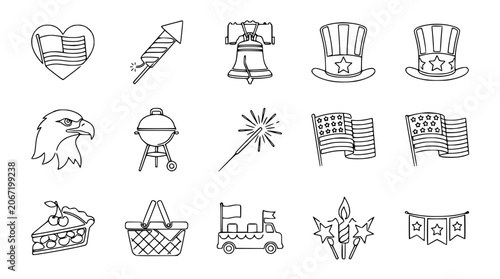 Quadro su tela USA Patriotic Icons Set: Flag, Eagle, BBQ, Pie, Fireworks, Uncle Sam Hat, Libert