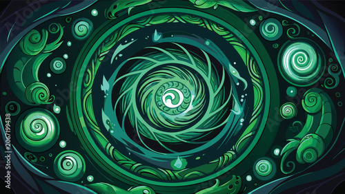 Billede på lærred Abstract magical green energy swirl with ornamental patterns and glowing light a