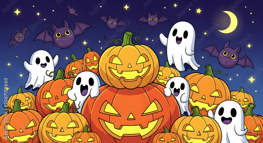 Fototapeta premium Vibrant Halloween cartoon illustration with carved pumpkins cute ghosts and bats under a glowing crescent moon and starry night sky