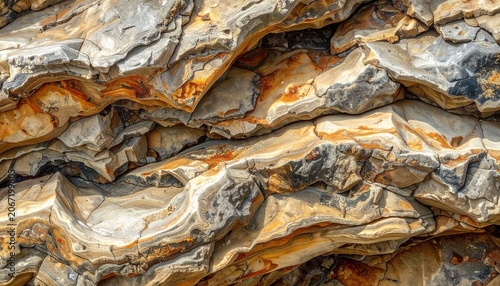 Close-up view of a rough rock formation with intricate layers and textures in natural earthy tones