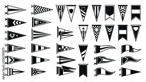 Set of assorted black and white decorative pennant flag vector illustrations with pennants triangular collection