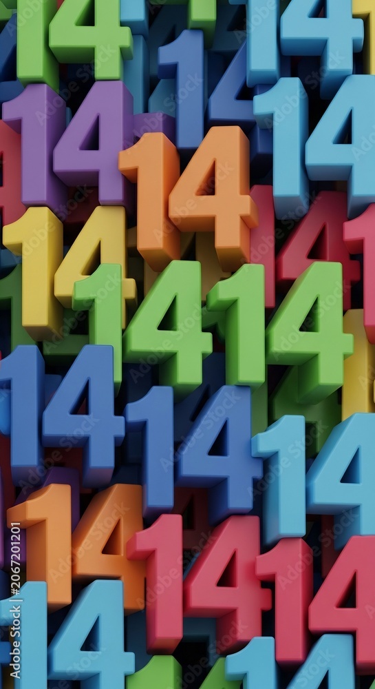 Fototapeta premium Vibrant 3D render of stacked '14' numbers, playing with colorful textures and radiant light.