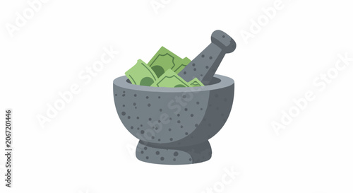 Mortar and pestle with fresh green herbs illustration.