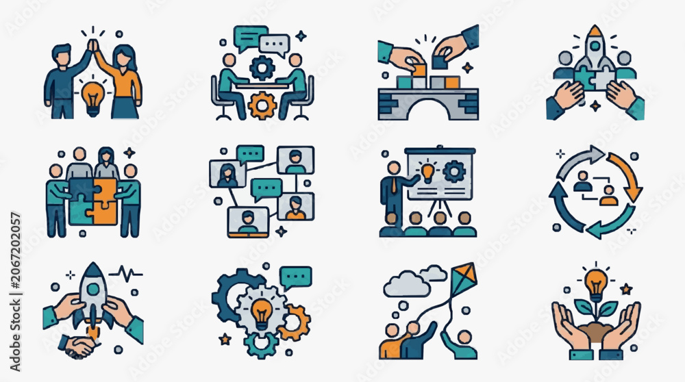 Fototapeta premium Sleek Colorful Illustrations of Team Collaboration Innovation and Business Growth Concepts with Modern Icons