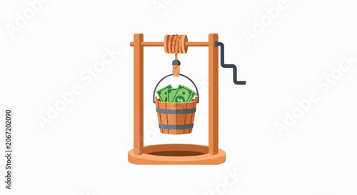 Illustration of a Wooden Well Pulley with Fresh Greens.