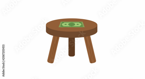 Small Wooden Stool with Decorative Green Top Design.