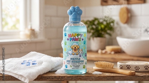 A charming pet shampoo bottle with paw print and playful bubbles, designed for pet care.