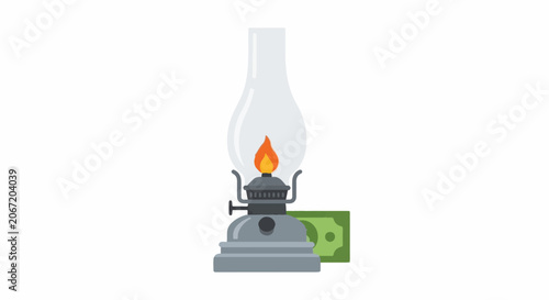 Vintage kerosene lamp with burning flame and dollar bill.