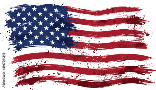 USA Waving Flag Vector Graphic Featuring Distressed Grunge Textures Rough Brush Strokes and Detailed Paint Splatters for Patriotic American Holiday Designs