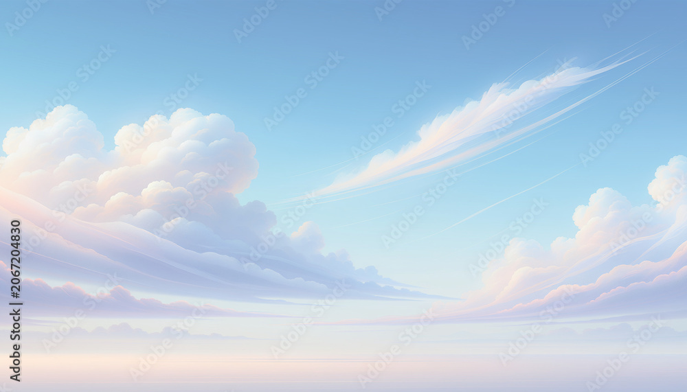 Obraz premium Soft fluffy clouds in a clear blue sky during a peaceful sunny day.