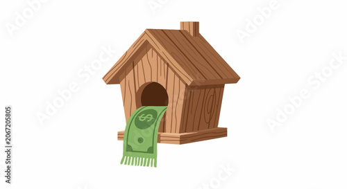 Miniature wooden house with dollar bill scarf illustration.