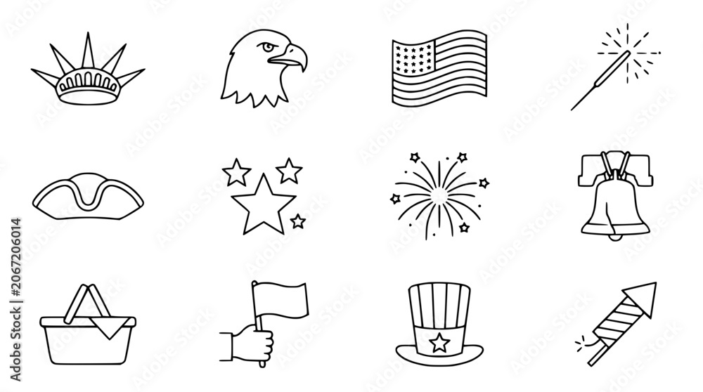 Fototapeta premium USA Independence Day Icons: Liberty Bell, Eagle, Flag, Fireworks, Sparkler, Top Hat