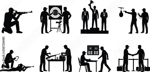 Set of professional target shooting sports competition and firearm training black vector silhouettes isolated on white background