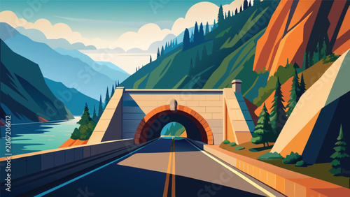 Tableau sur toile Mountain road leading into tunnel entrance near river and pine forest with mount
