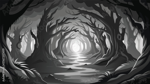 Spooky dark forest path with bare trees illustration silhouette landscape adventure branches background wilderness woodland mysterious atmospheric environment monochrome artistic treeline