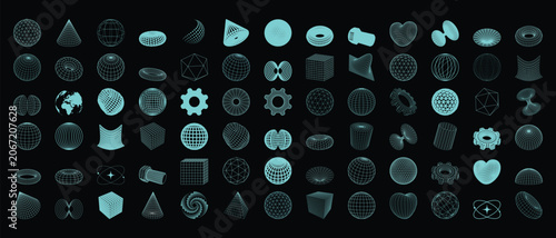 Tableau sur toile Collection Of Wireframe Geometric Shapes And Polyhedral Forms In Teal And White