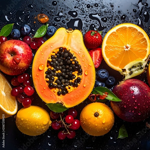 A colorful arrangement of fresh fruits on a wet surface (2)