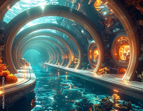 A futuristic underwater tunnel with glowing lights and aquatic life (1)