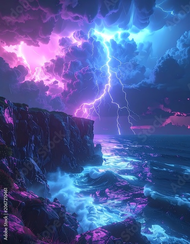 A rocky coastline under a stormy sky with lightning (5)
