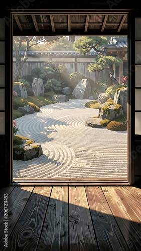 Zen Garden Seen from Japanese Temple Veranda