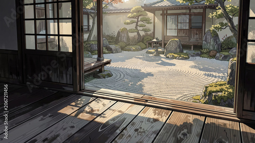 Zen Garden Seen from Japanese Temple Veranda