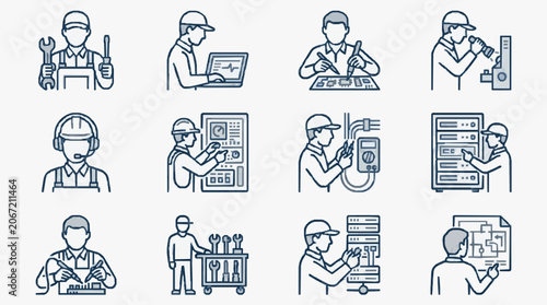 Canvas Print Creative Set of 12 Monochromatic Line Illustrated Icons Featuring Technicians En