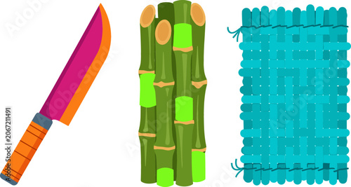 Fotografie Tropical Agriculture Vector Element Set Featuring Large Harvesting Knife Green S