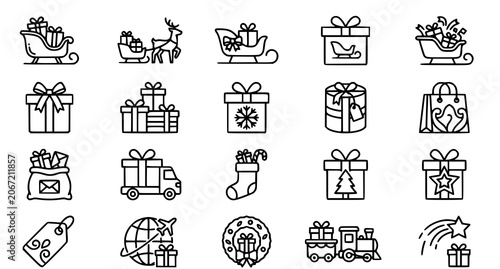 Schilderij op canvas Collection of black and white christmas gift icons and holiday delivery symbols