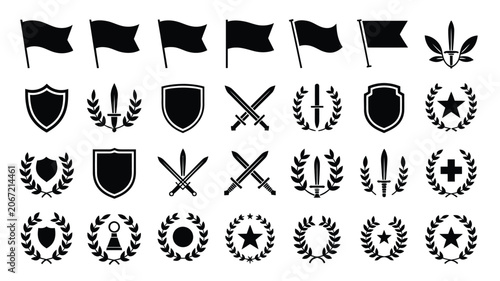 Fotografija Set of isolated black vector icons featuring various military and heraldic shield symbols