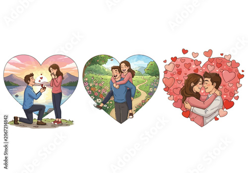 Video set of three romantic illustrations featuring a couple in love, including a marriage proposal, a piggyback ride, and a warm embrace