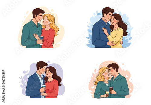 Video set of illustrations of romantic couples in love, happy young men and women spending time together, drinking coffee and hugging