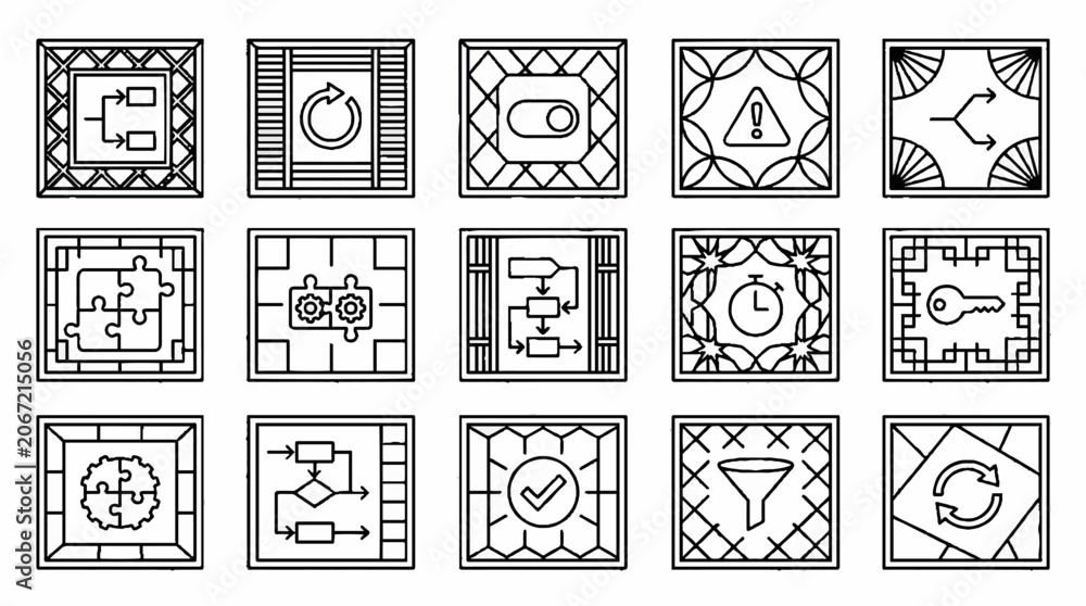 © zes - Set of technical business process and logic icons in decorative square frames.