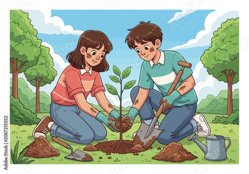 Video two children, a boy and a girl, planting a young tree together in a sunny park, wearing gardening gloves and getting dirty with soil