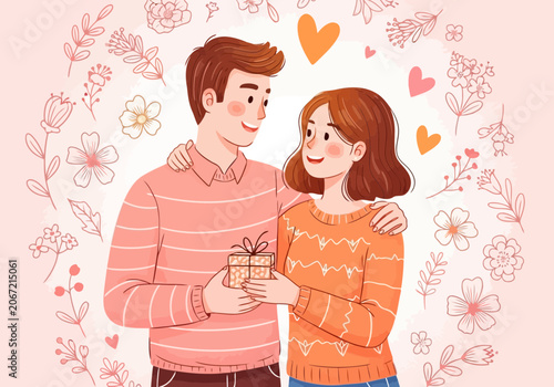 Video young couple in love with a gift box, romantic illustration of a man giving a present to a woman, valentines day concept, vector art
