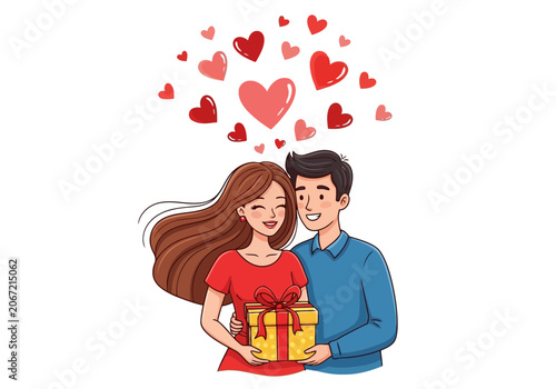 Video happy couple in love holding a gift box, romantic man and woman celebrating valentines day, anniversary or birthday, vector illustration