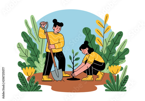 Video two people planting a young tree together in a garden, vector illustration of environmental conservation and teamwork concept