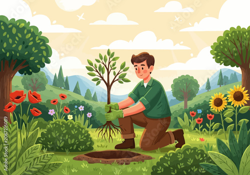 Video a man planting a young tree in a beautiful garden, surrounded by flowers and lush greenery under a sunny sky with clouds