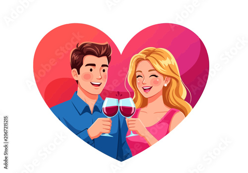 Video happy young couple toasting with glasses of red wine inside a heart shape, romantic date illustration for valentines day