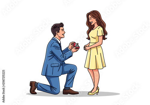 Video a man in a blue suit kneeling and proposing to a woman in a yellow dress with an engagement ring, romantic marriage proposal scene