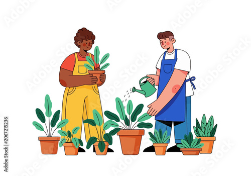 Video two people gardening together, holding a potted plant and watering plants in pots, flat vector illustration